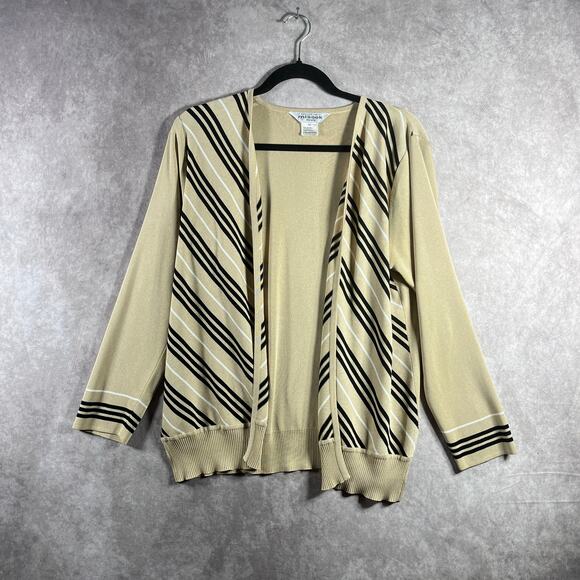 Exclusively Misook Cardigan Sweater Womens Medium Petite‎ Tan Striped Open Front - Picture 1 of 8